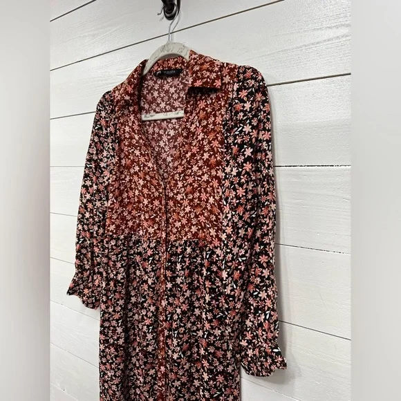 Zara • NEW • BROWN MAROON RED FLORAL PRINT BUTTONED LOOSE FIT MIDI DRESS • SMALL - Picture 10 of 11